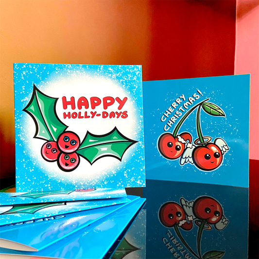 Kawaii Christmas Cards - Pack of 6 Christmas Cards - Happy Holly Days - Cherry Christmas