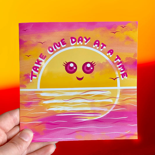 Self Care Greetings Card - Kawaii Sunset - Take One Day At A Time - Sympathy Card