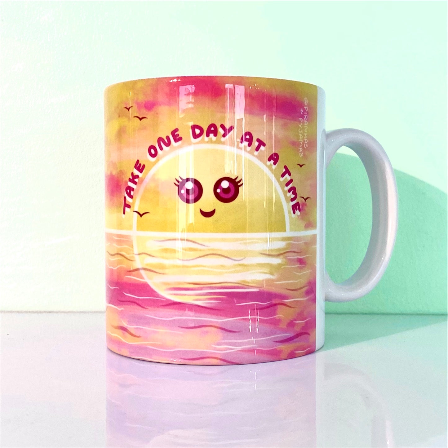 Take One Day At A Time Mug - Self Care Gifts - Sunset - Kawaii Sun - Coffee Lovers - Gifts For Tea Drinkers