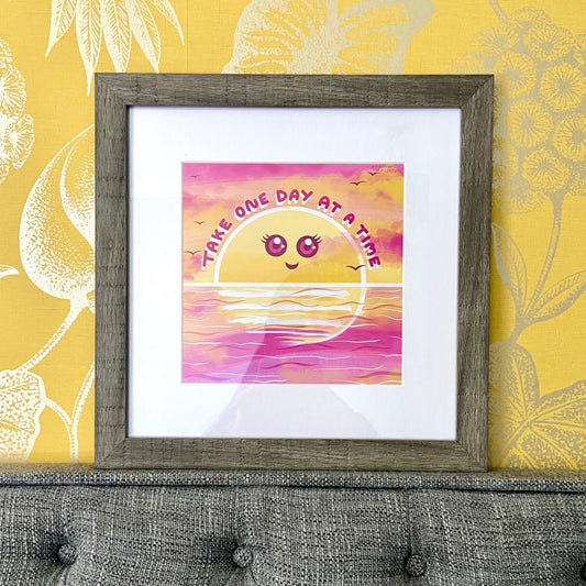 Take One Day At A Time Wall Art - 12x12 - Sunset- Kawaii Sun - Quirky Home