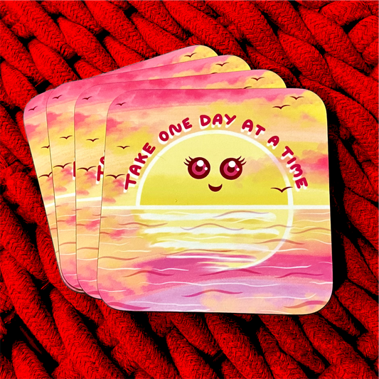 Take One Day At A Time Coaster - Self Care Coaster - Sunset - Kawaii Sun