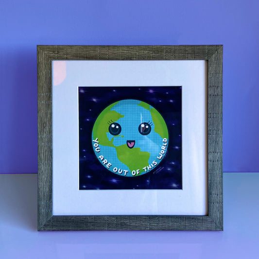 Kawaii Earth Wall Art - 12x12 - Quirky Home - Positive Affirmation - Happy Art